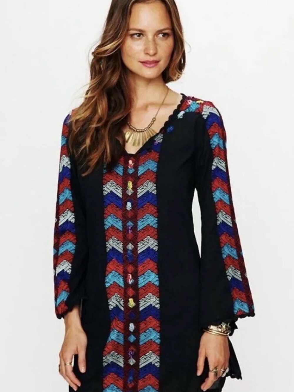 Free People 70’s Vintage Style Embroidered Black Mini Dress - Picture 3 of 4